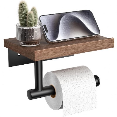 Ridstar Wooden Toilet Paper Holder with Shelf, Wall Mount Tissue Roll Holder in Matte Black Stainless Steel & Walnut for Bathroom, Home, Apartment
