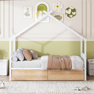 Metal House Platform Bed With Roof Frame, Under Bed Drawers Storage Unit, Sturdy Slats Supports, No Box Spring Needed, Kid Bedroom Furniture - 1 of 4