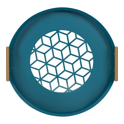 Teal Round Glass Tray with Gold Handles
