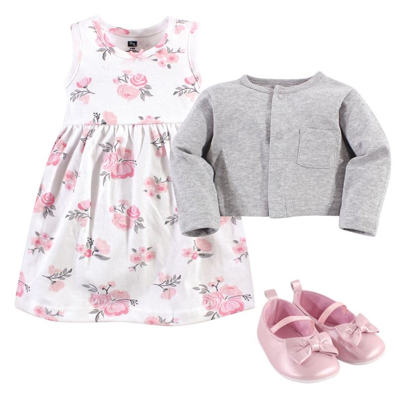 Hudson Baby Infant Girl Cotton Dress, Cardigan and Shoe 3pc Set, Pink Gray Floral, 3 of 7