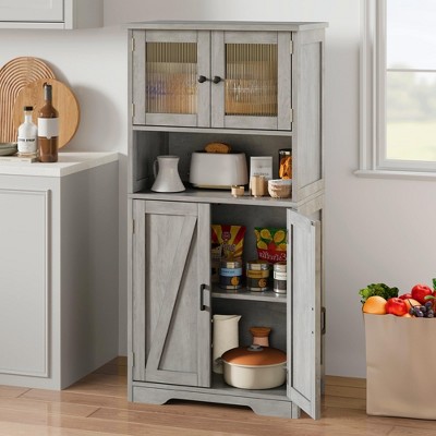 Homhougo 54in Tall Farmhouse Freestanding Kitchen Pantry Cabinet with Glass Doors and Adjustable Shelves Cupboard, Floor Cabinet Gray