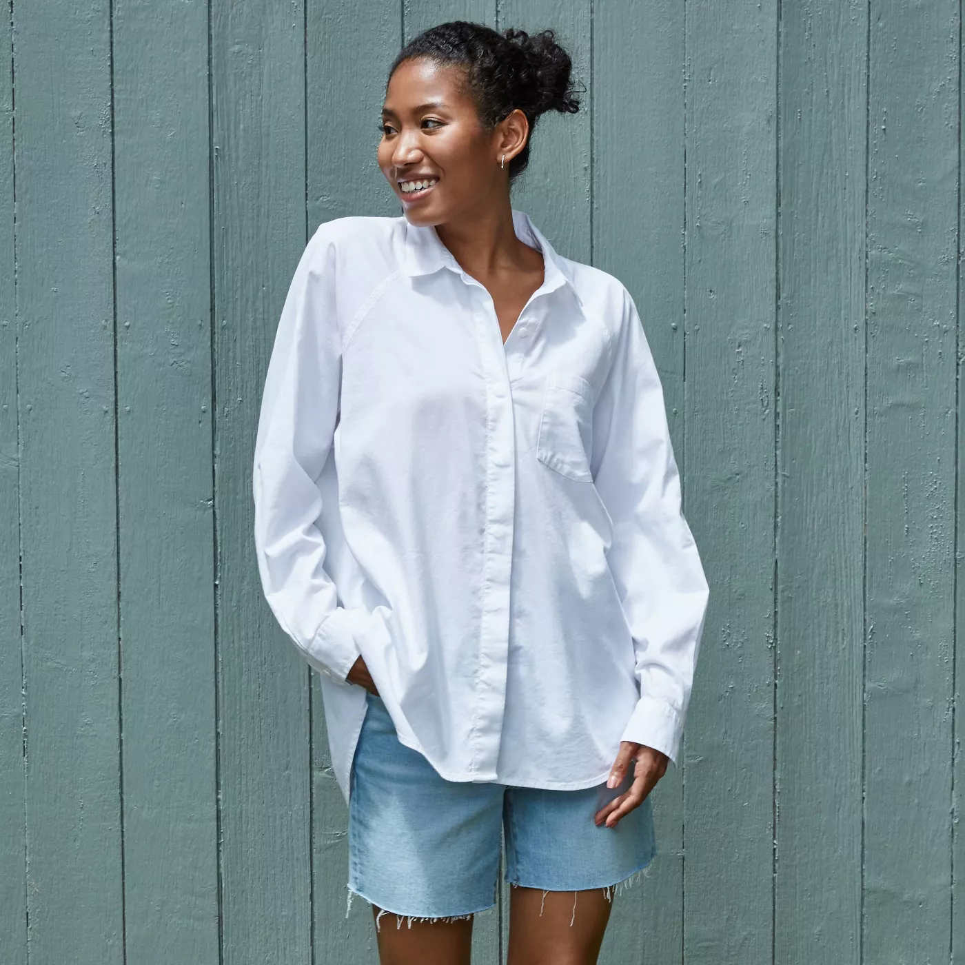 Women's Long Sleeve Button-Down Boyfriend Shirt - Universal Thread™ True White  - image 1 of 10