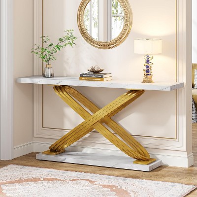 55" White Faux Marble and Gold Metal Console Table