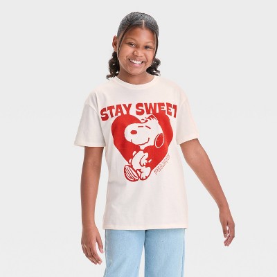 Girls' Peanuts 'Stay Sweet' Valentine's Day Oversized Graphic T-Shirt - art class™ Beige XXL