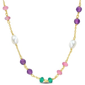 EVERLY JEWELRY | Yellow Plated Sterling Silver Amethyst, Green Onyx,Pink Tourmaline & 4 - 5.5 mm Freshwater Cultured Pearls Necklace, 19-inch - 1 of 4