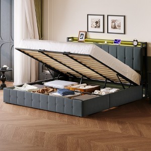 Bed Frame with Lift Up Storage, Upholstered Velvet Platform Bed Frame with Storage Headboard, No Box Spring Needed, Wooden Slats Support - 1 of 4
