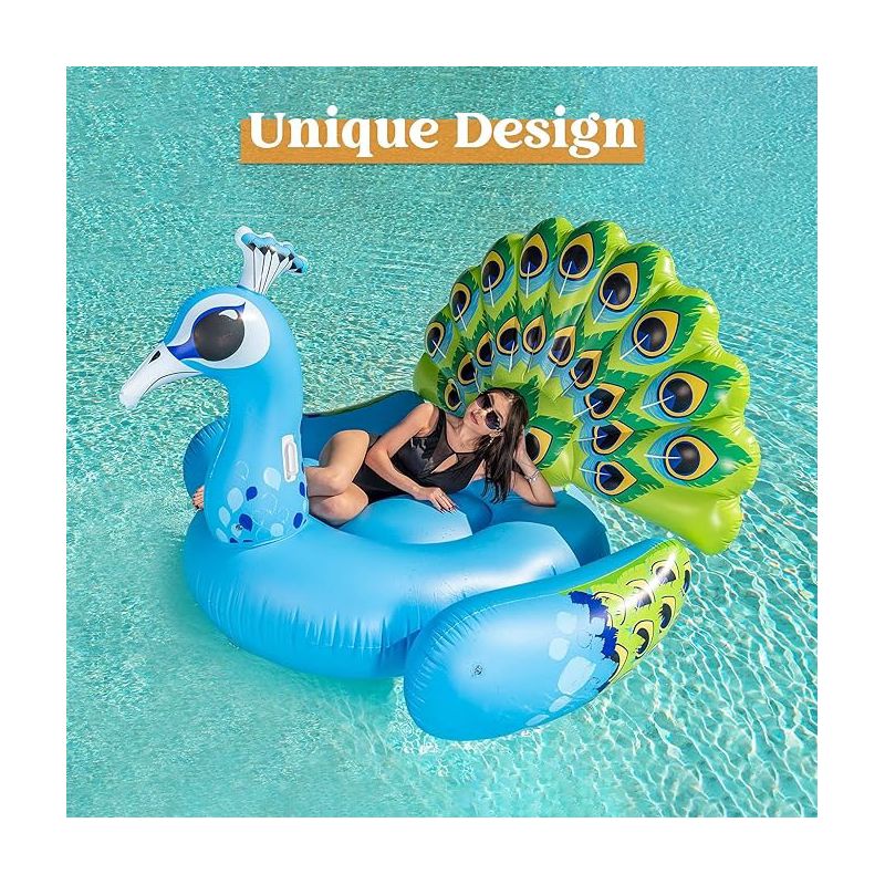 Sloosh 66'' Inflatable Peacock Pool Float, Giant Green Peacock Ride on Raft for Swimming Pool Adults Kids Water Fun, Beach Floaties, Party Decoration, 3 of 9