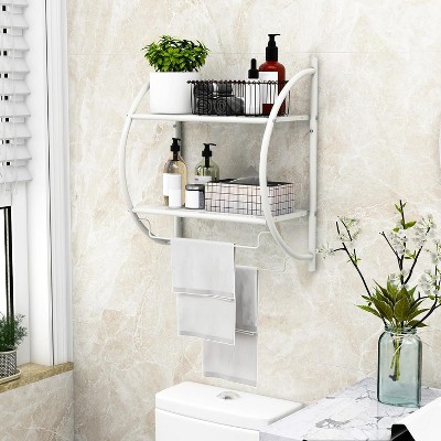 White Metal Wall-Mounted 2-Tier Bathroom Shelf with Towel Bars