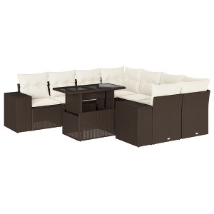 vidaXL Patio Sofa Set with Cushions Outdoor Furniture 9 Piece Poly Rattan - Brown and Cream without Storage - 1 of 4