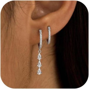 Gold & Silver Plated Huggie Hoop Earrings Set - Dainty CZ Dangle Stack, Hypoallergenic Cartilage Jewelry Gift - 1 of 4