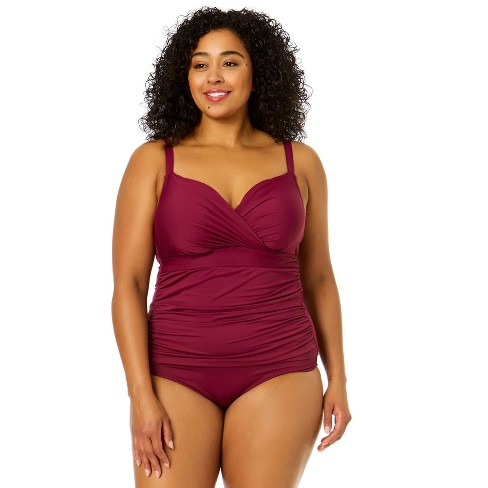 Anne Cole Plus Women's Plus Live In Color Twist Front Underwire Tankini  Swim Top, Wine 16W