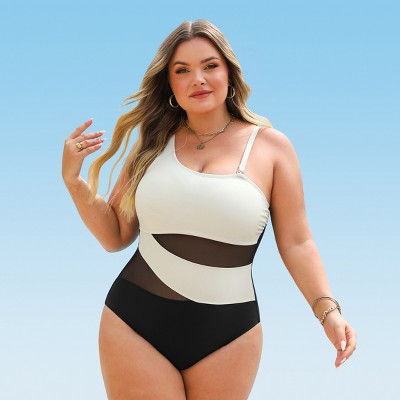 Women's Chic White Colorblock Plus Size One-Piece Swimsuit - Cupshe