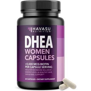 DHEA Supplement for Women with Biotin 5000mcg, DHEA 50mg and Biotin Capsules for Hormone Balance and Hair, Skin, Nail Support, Havasu Nutrition, 60ct - 1 of 4