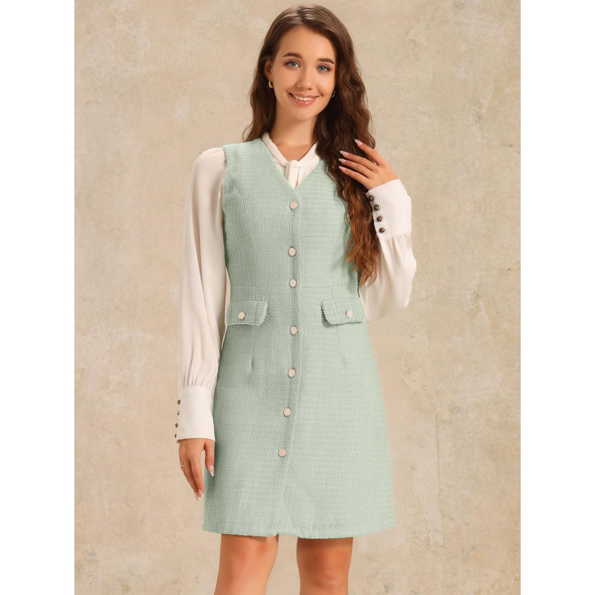Женские платья INSPIRE CHIC Women's V Neck Button Front Pockets Vintage Sleeveless Plaid Tweed Pinafore Dress Green X-Large — фото 2