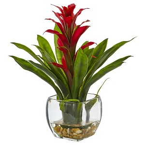 Nearly Natural Bromeliad with Glass Vase Arrangement: Indoor Faux Floral Decor, Spring Theme, Tabletop Display - 1 of 3