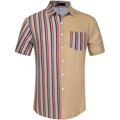 Lars Amadeus Men's Summer Striped Patchwork Short Sleeves Button Down Hawaiian Shirt