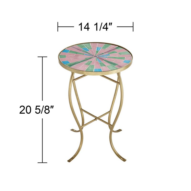 Teal Island Designs Modern Gold Round Outdoor Accent Side Table 14 1/4" Wide Pink Green Mosaic Tabletop for Front Porch Patio House Balcony, 4 of 8