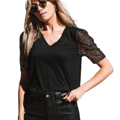 Amaryllis Women's V-Neck Short Sleeve Tee with Sequin Detailed Sleeves Relaxed Fit Stretch Fabric