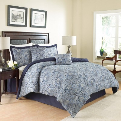 King Navy Cotton 6-Piece Comforter Set with Floral Pattern