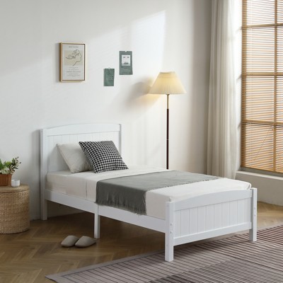 KTMBDW Twin Size Wood Platform Bed Frame, Single Bed with Headboard, No Box Spring Needed Panel Bed, Wood Slat Support Mattress Foundation, White