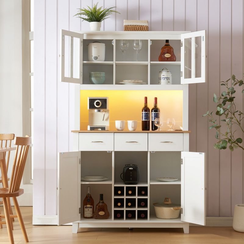 70.9"H Sideboard, Buffet Storage Table with 3 Drawers, 9 Wine Bottle Holders, LED Lights and Outlet, White, 4A -ModernLuxe, 2 of 12