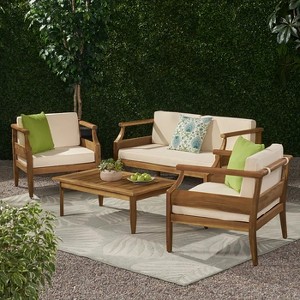 FIONECA Outdoor Mid-Century Modern 4-Seat Acacia Wood Chat Set with Loveseat, Coffee Table & Club Chairs, Teak Finish + Cream Cushion - 1 of 4