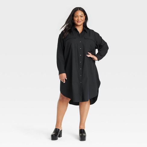 Women's Long Sleeve Button-Down Midi Shirtdress - Ava & Viv™ Black XXL