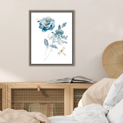 Floral Blues Botanical Canvas Print with Dragonfly, 20 x 16 inches