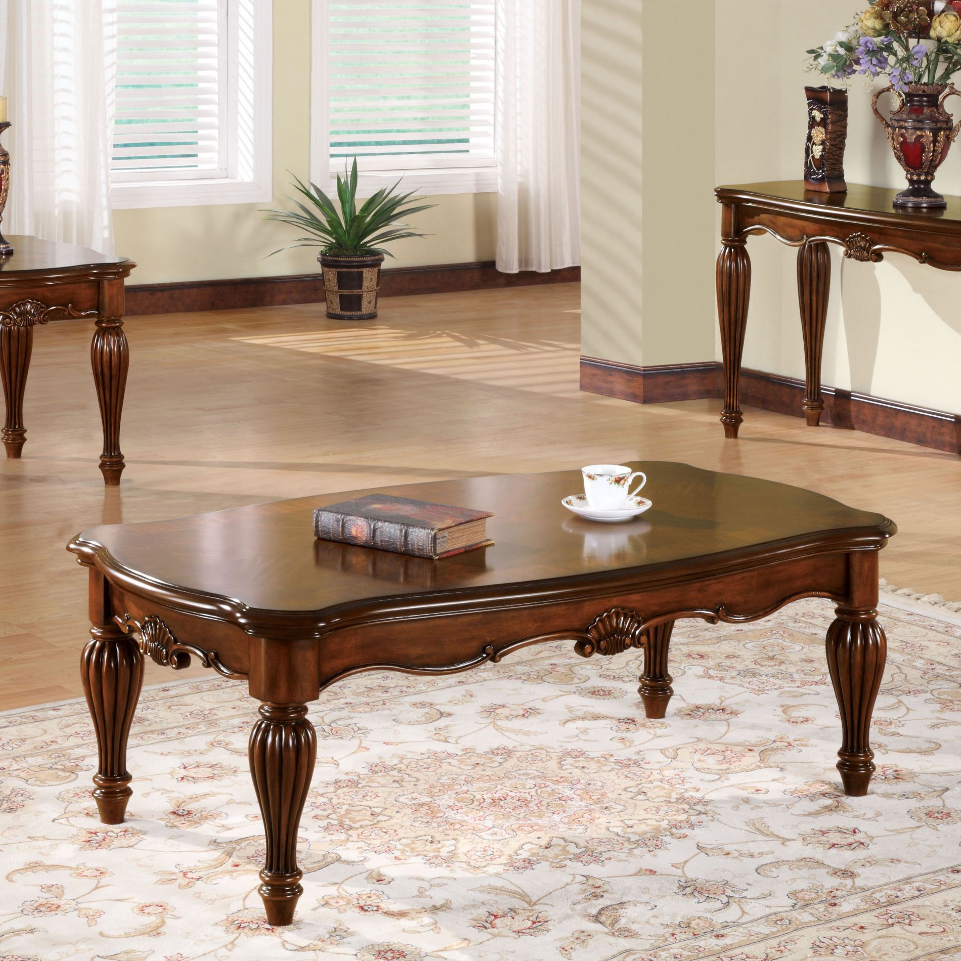GDFStudio Helios Traditional Rectangle Coffee Table with Turned Legs, Cherry
