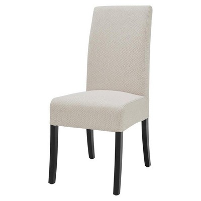 Beige Upholstered Parsons Side Chair with Black Wood Legs