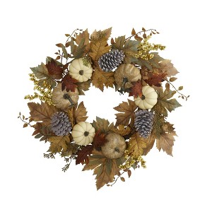 Nearly Natural 24” Fall Pumpkins, Pine Cones and Berries Artificial Wreath - 1 of 3