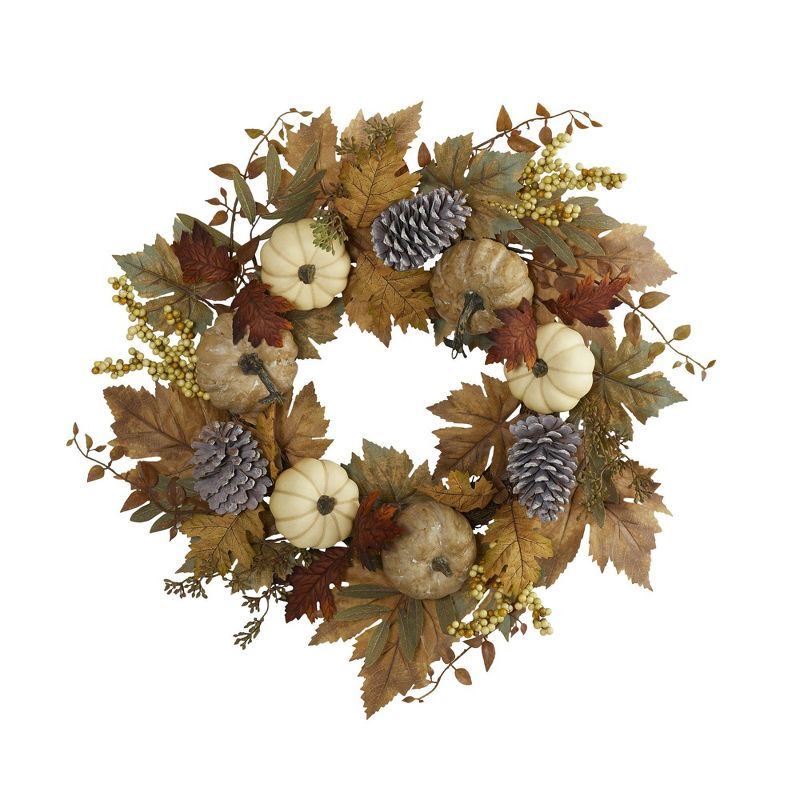 Nearly Natural 24” Fall Pumpkins, Pine Cones and Berries Artificial Wreath, 1 of 4
