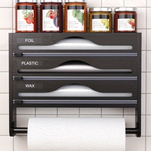 Yukimo 12"H Bamboo Kitchen Organizer with Wrap Dispenser, Paper Towel Holder, Cutter and Storage Rack for Foil, Plastic Wrap, Wax and Accessories - 1 of 4