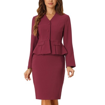 INSPIRE CHIC Women's Long Sleeve Collarless Peplum Blazer and Pencil Skirts Suit Set 2 Pcs
