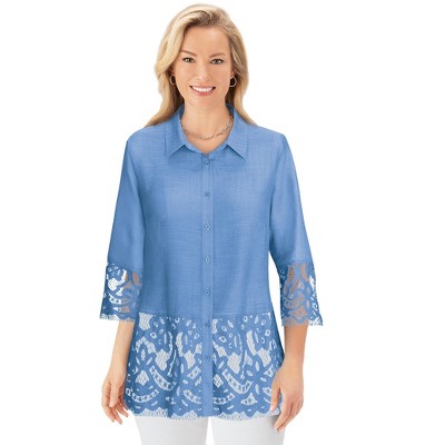 Collections Etc Lace Hem & Sleeve Button-Front Woven Shirt