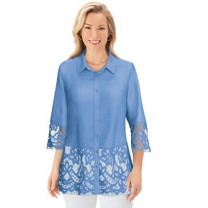 Collections Etc Lace Hem & Sleeve Button-Front Woven Shirt - 1 of 4