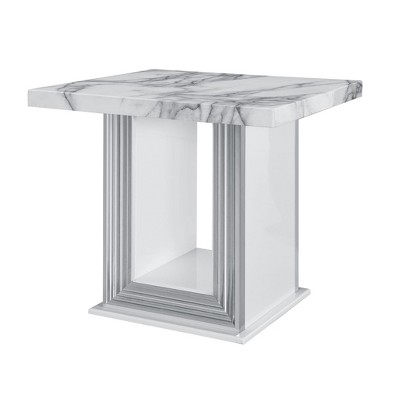 HomeRoots 24" White and Silver Faux Marble and Wood Pedestal End Table