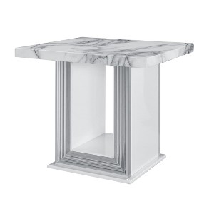 HomeRoots 24" White and Silver Faux Marble and Wood Pedestal End Table - 1 of 4