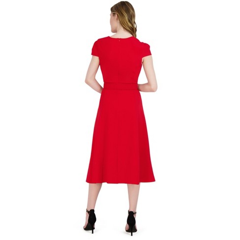 Dr Collection - Short Sleeve Square Neck Belted Dress - Red, Size : 8 ...