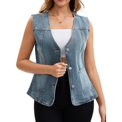 INSPIRE CHIC Women's V Neck Patch Pockets Button Down Sleeveless Denim Vest