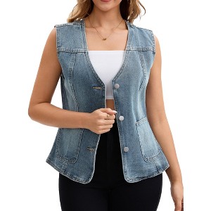 INSPIRE CHIC Women's V Neck Patch Pockets Button Down Sleeveless Denim Vest - 1 of 4