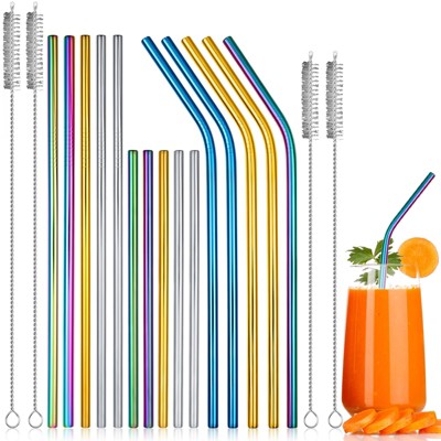 Metal Straws, Reusable Stainless Steel Straws Set - 19 Piece Rainbow Colored with 4 Cleaning Brushes