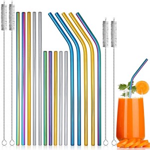 Metal Straws, Reusable Stainless Steel Straws Set - 19 Piece Rainbow Colored with 4 Cleaning Brushes - 1 of 4