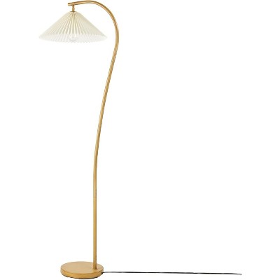 Runesay 62" Floor Lamp, Wood Toned, White Pleated Shade, Pivot Joint on Shade, On/Off Foot Switch, Black Cord, Modern Lighting for Living Room