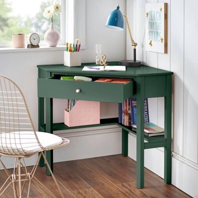 Dark Green Corner Desk with Drawer and Shelf
