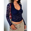Women's Sheer Floral Lace Long Sleeve Crop Top - Sweetheart Neckline with Bow Accent - 2 of 4
