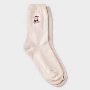 Girls' Embroidered Christmas Teddy Bear Sweater Crew Socks - Cat & Jack™ Oatmeal - 1 of 3