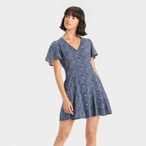 Women's Short Sleeve Button-Front Mini A-Line Dress - Universal Thread™ - 1 of 3
