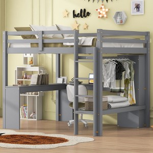 NicBex Full Size Loft Bed with L-Shaped Desk Wooden Bed Frame with Wardrobe, Shelves, Ladder and Full Length Guardrail, No Box Spring Required - 1 of 4