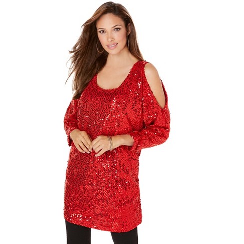 Roaman's Women's Plus Size Cold-shoulder Sequin Tunic, 30/32 - Vivid Red :  Target